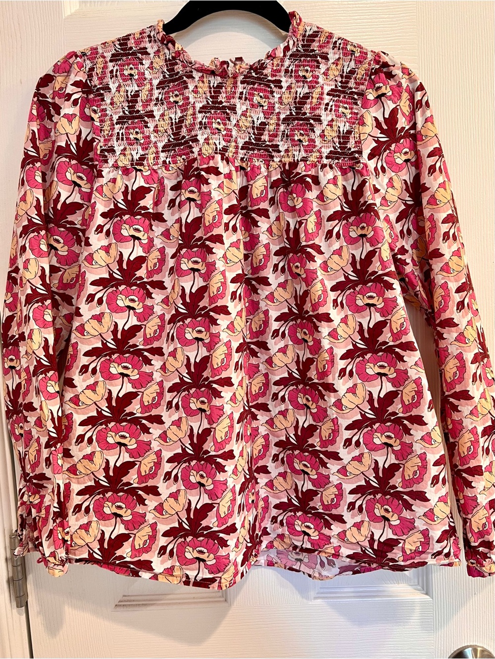 J. Crew Liberty of London Fabric Print Pink Floral Smocked Yoke Blouse Collab